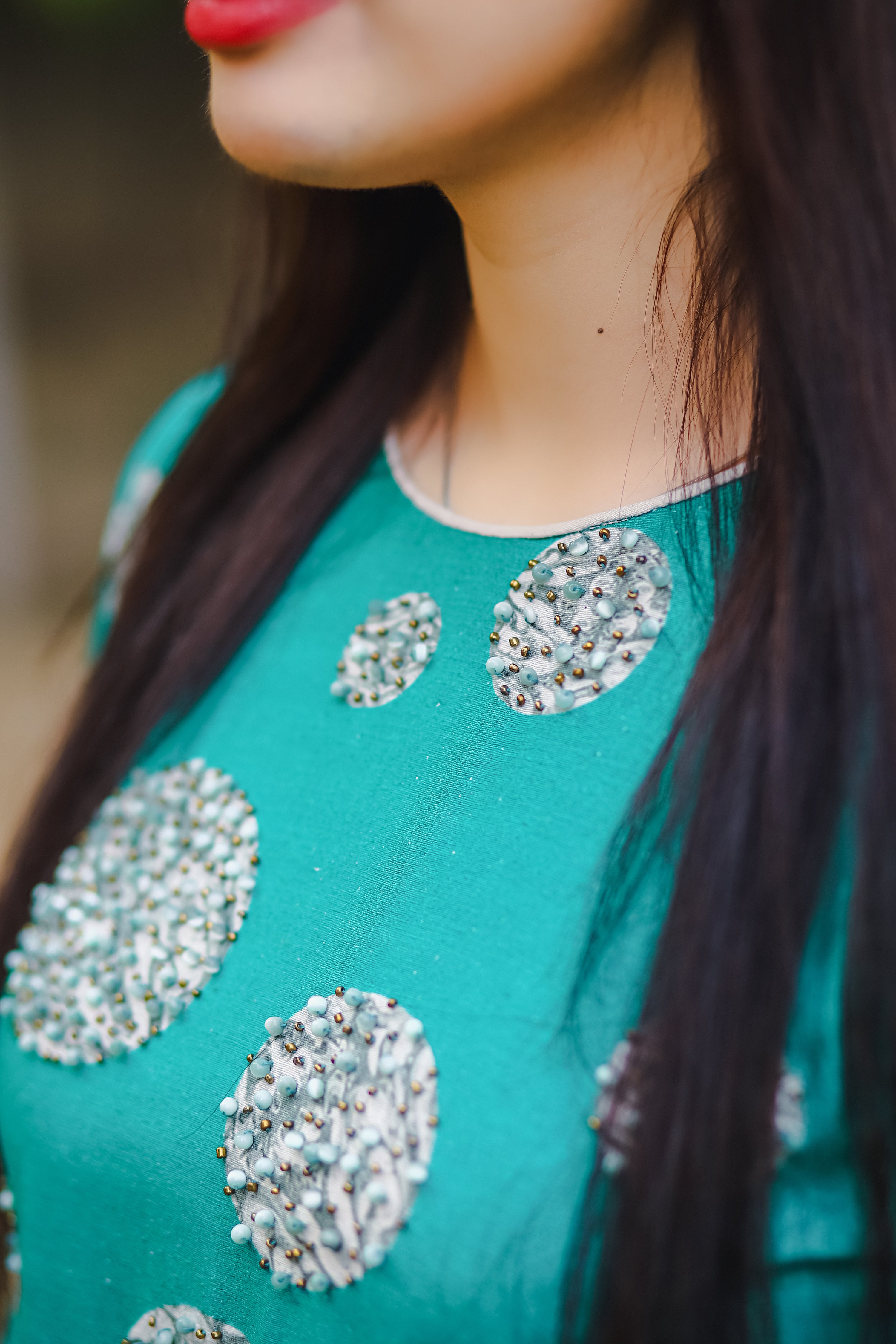 Embellished Polka Dot Green Frock